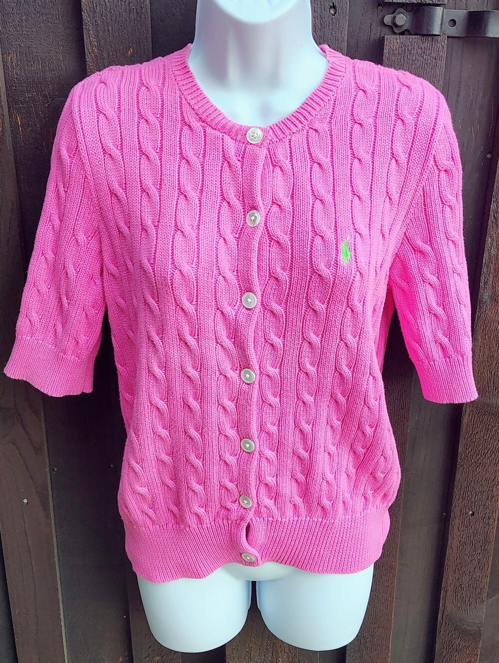 Ralph Lauren Pink Cable-Knit Short Sleeve Button Cardigan